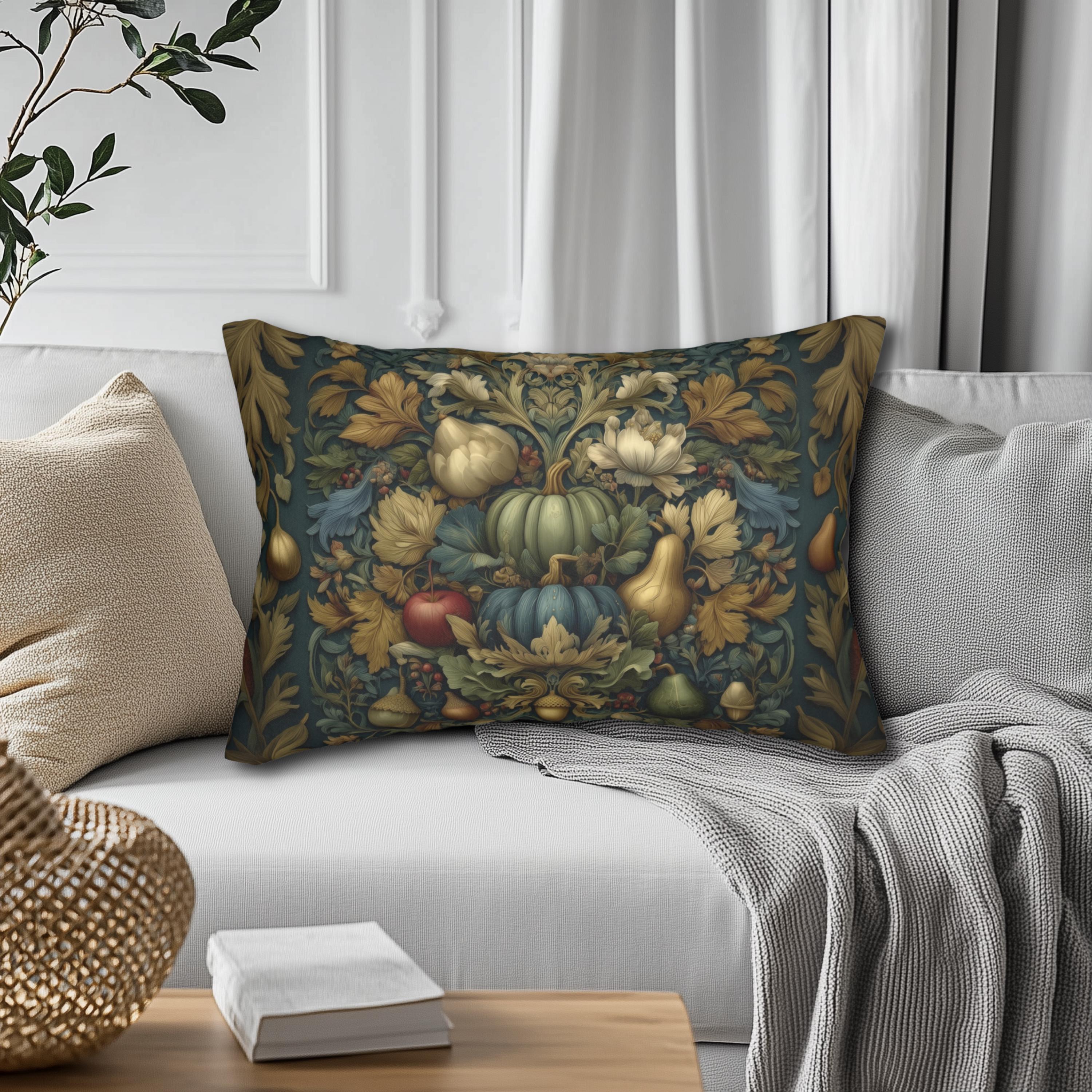 William Morris Inspired Tapestry Lumbar Pillow: Botanical Autumn Harvest for Cozy Fall Home Decor
