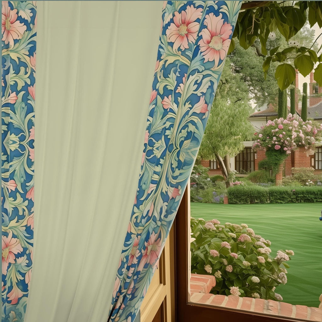William Morris Pimpernel-Inspired Blackout Panel Curtain: Modern Blue Coral Pink Botanical
