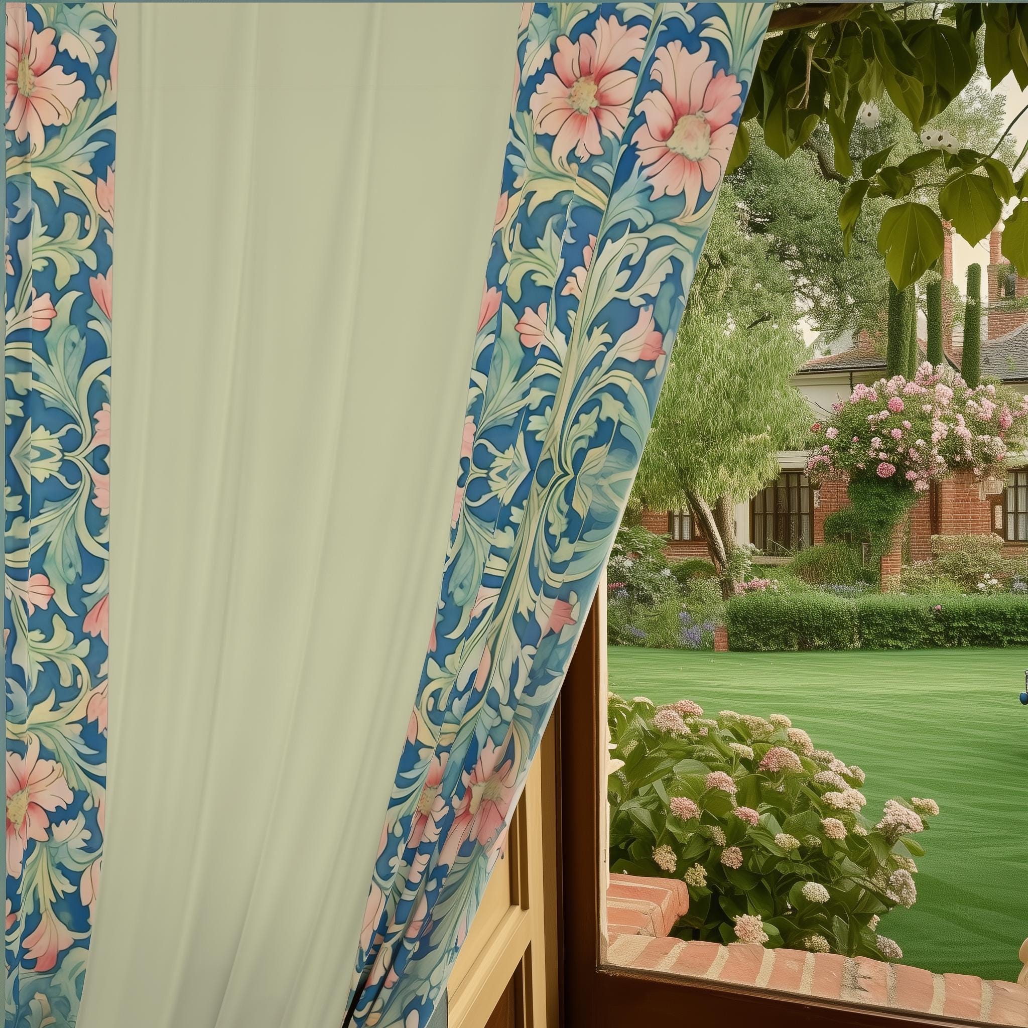 William Morris Pimpernel-Inspired Blackout Panel Curtain: Modern Blue Coral Pink Botanical