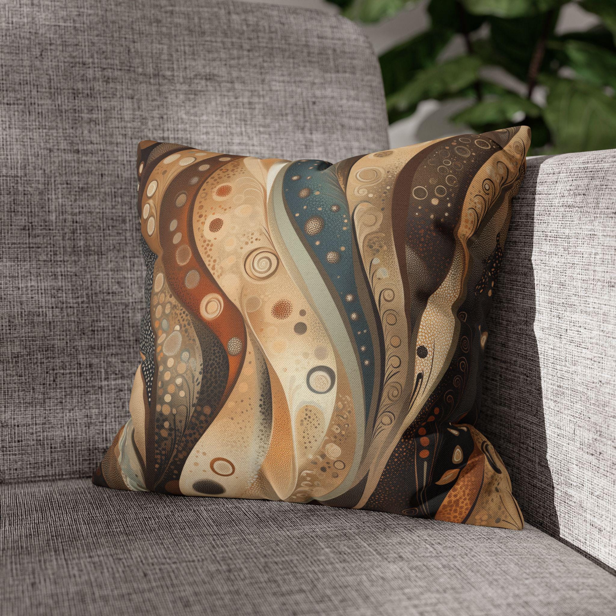 Abstract Wave Design Pillowcase, Brown Beige Cream Caramel Teal,  Home Decor Accent, Sofa Pillow