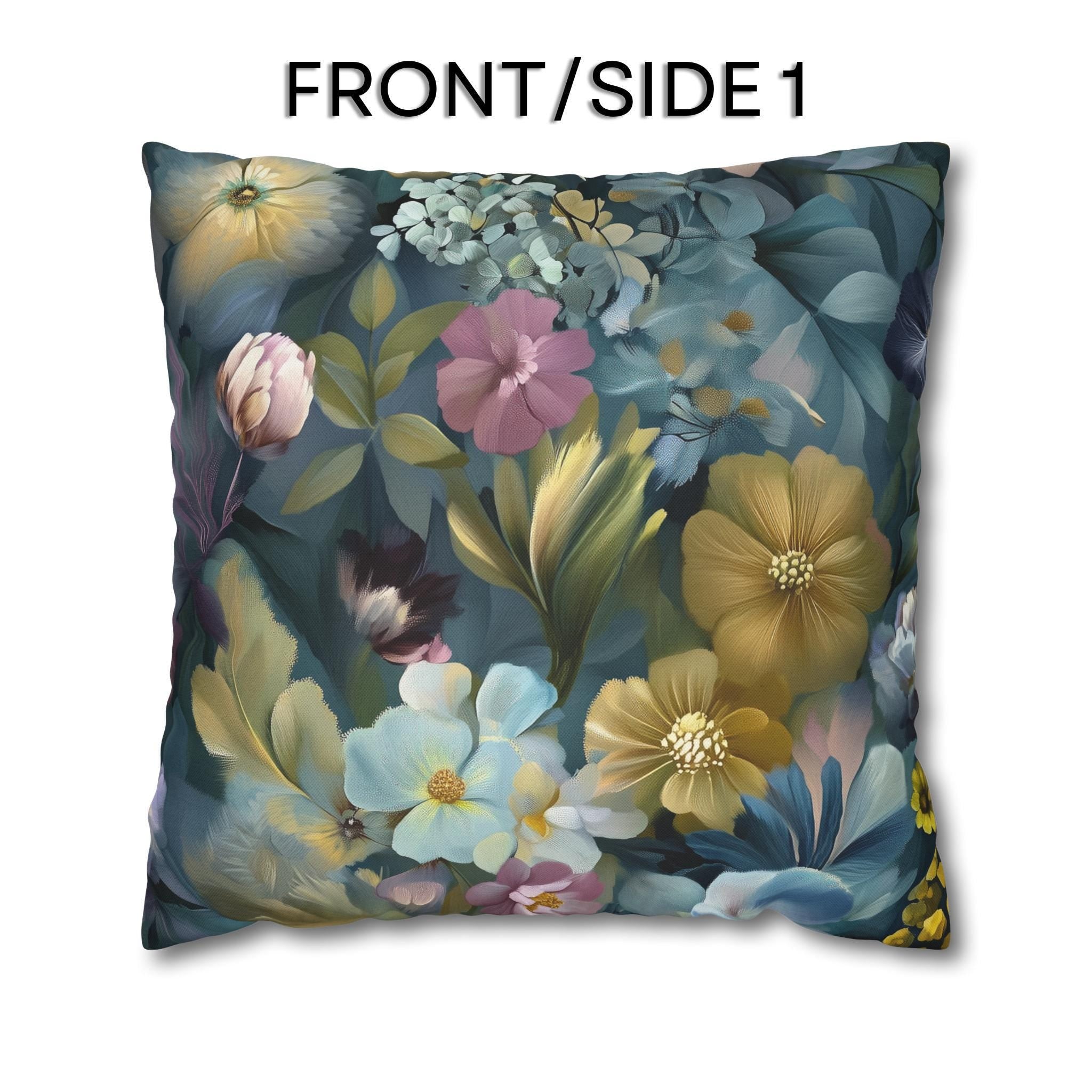 Twilight Garden Floral Pillow Cover: Painterly Moody Botanicals in Dusky Blue