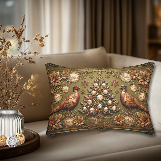 Vintage Style Pheasant Christmas Lumbar Pillow: Olive Green English Country Holiday Decor