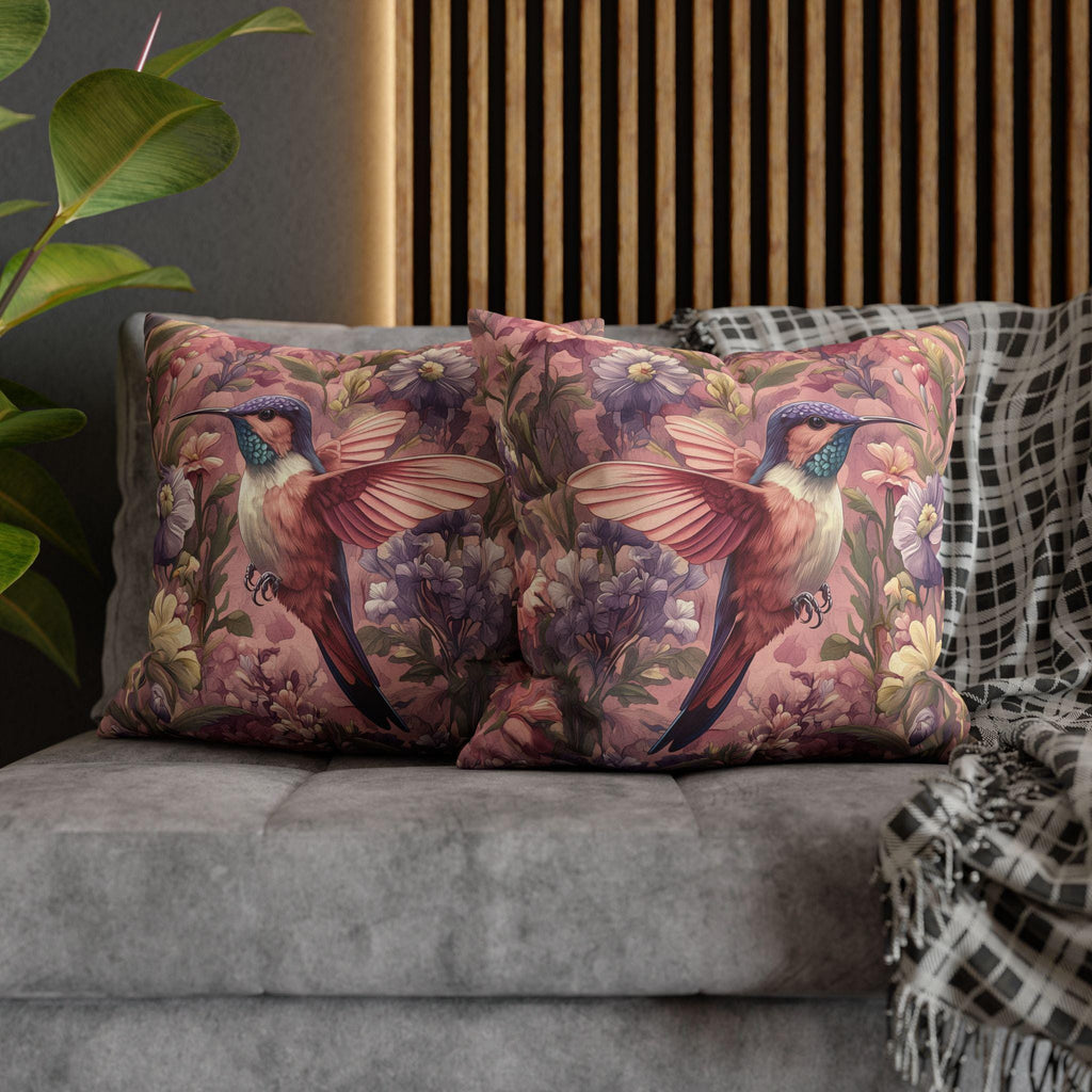 Vintage Style Blush Hummingbird Pillow Cover: William Morris Pink Botanical Floral Cushion Accent