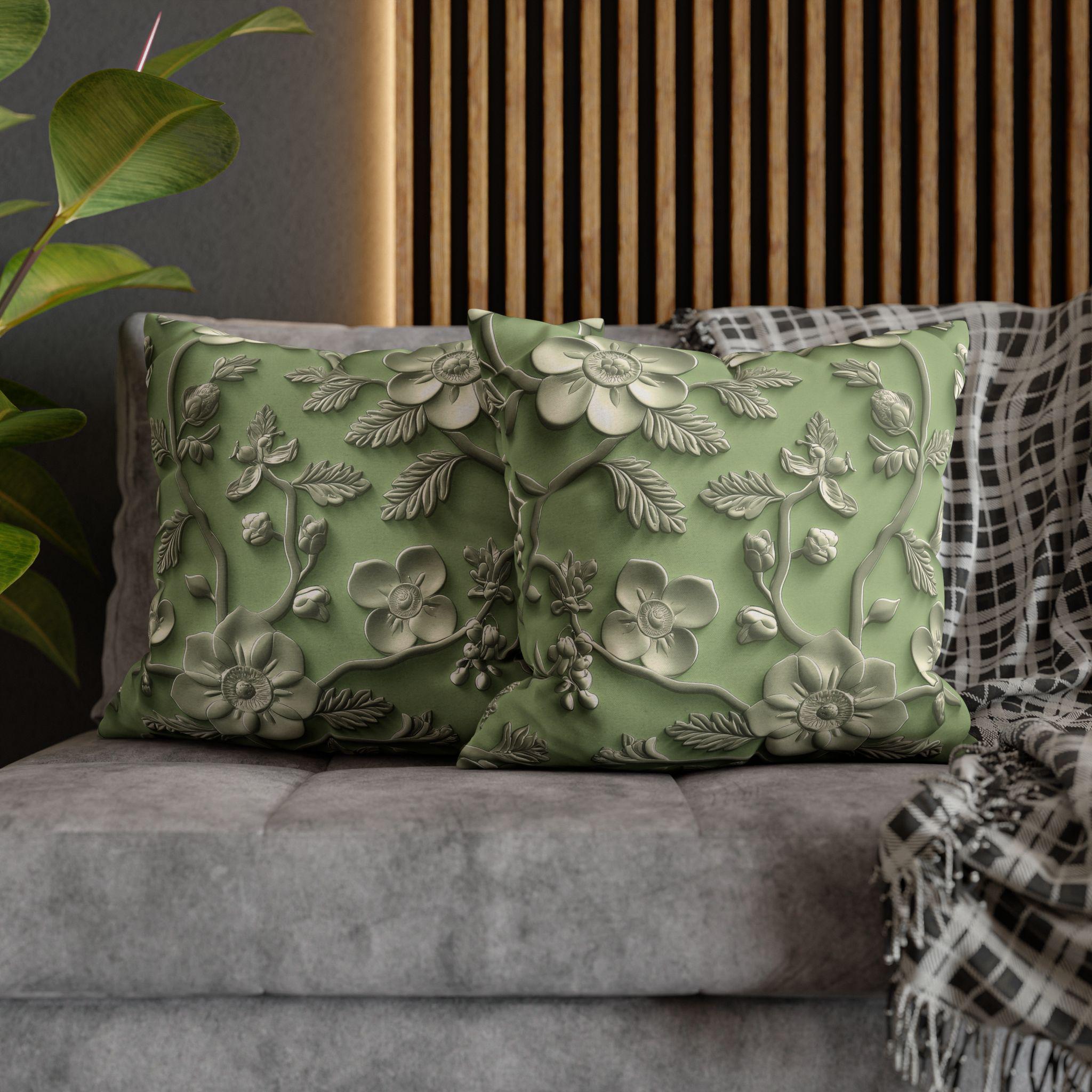 Elegant Chinoiserie Floral Pillow Cover: Green & Tan Pottery-Inspired Design for Timeless Asian Decor