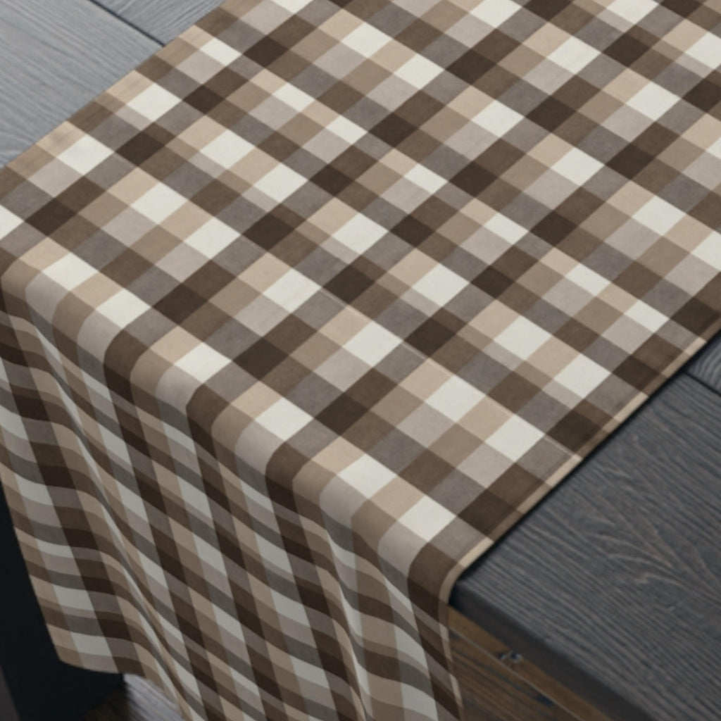 Neutral Brown Gingham Plaid Table Runner: Farmhouse Buffalo Check Accent