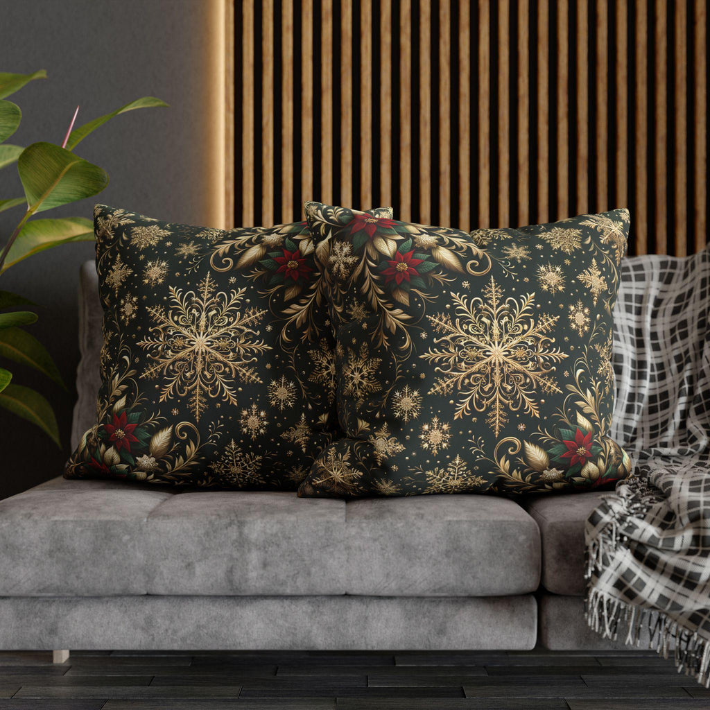 Elegant Emerald Poinsettia & Snowflake Euro Sham: Festive Holiday Pillow Cover (24x24, 26x26)