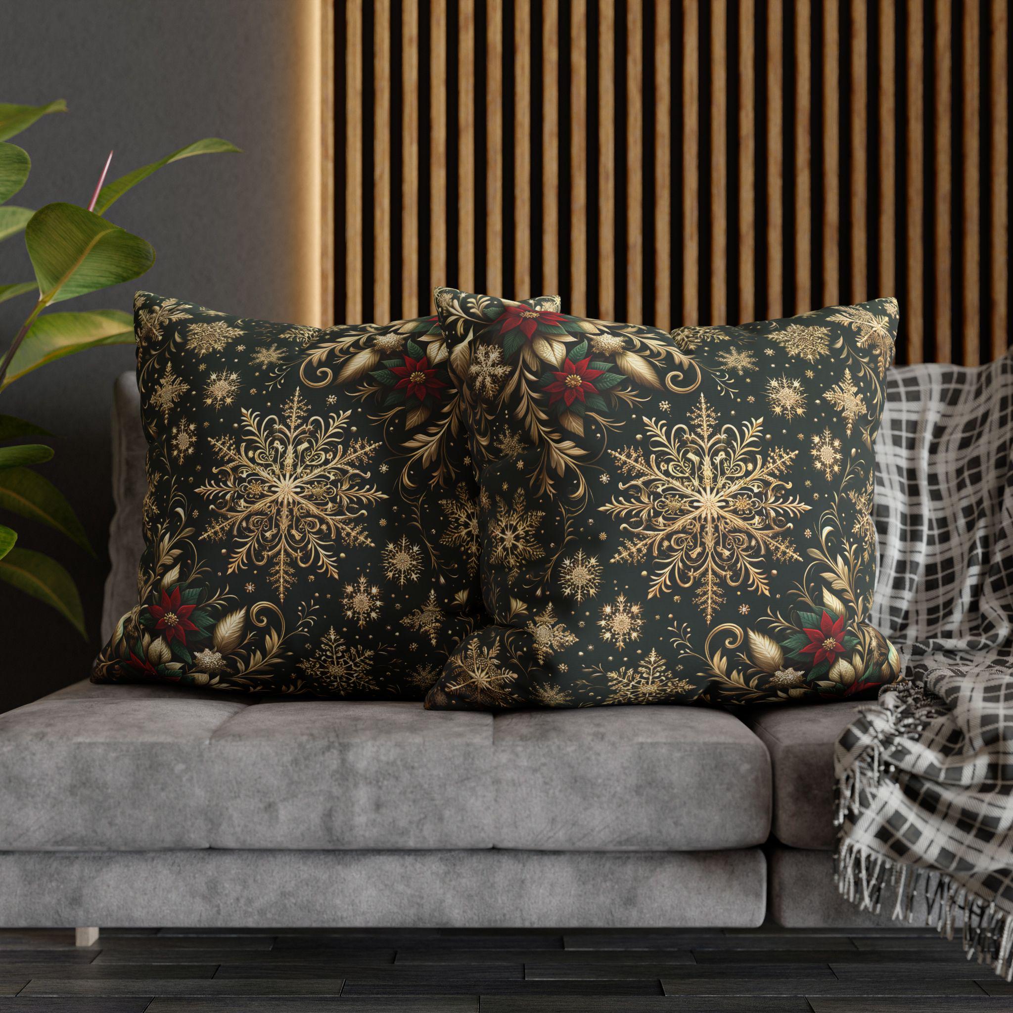 Elegant Emerald Poinsettia & Snowflake Euro Sham: Festive Holiday Pillow Cover (24x24, 26x26)