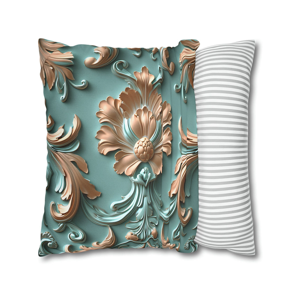 Floral Rococo Style Pillow Cover, Peach Fuzz & Light Teal Elegant Design