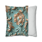Floral Rococo Style Pillow Cover, Peach Fuzz & Light Teal Elegant Design