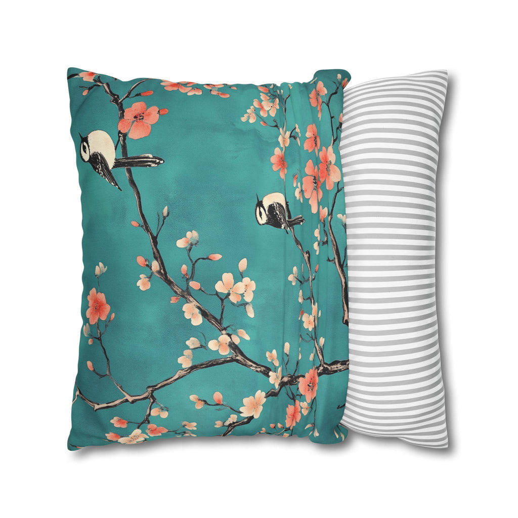 Elegant Chinoiserie Teal Bird Pillow Cover with Coral Blossoms for Nature-Inspired Home Decor