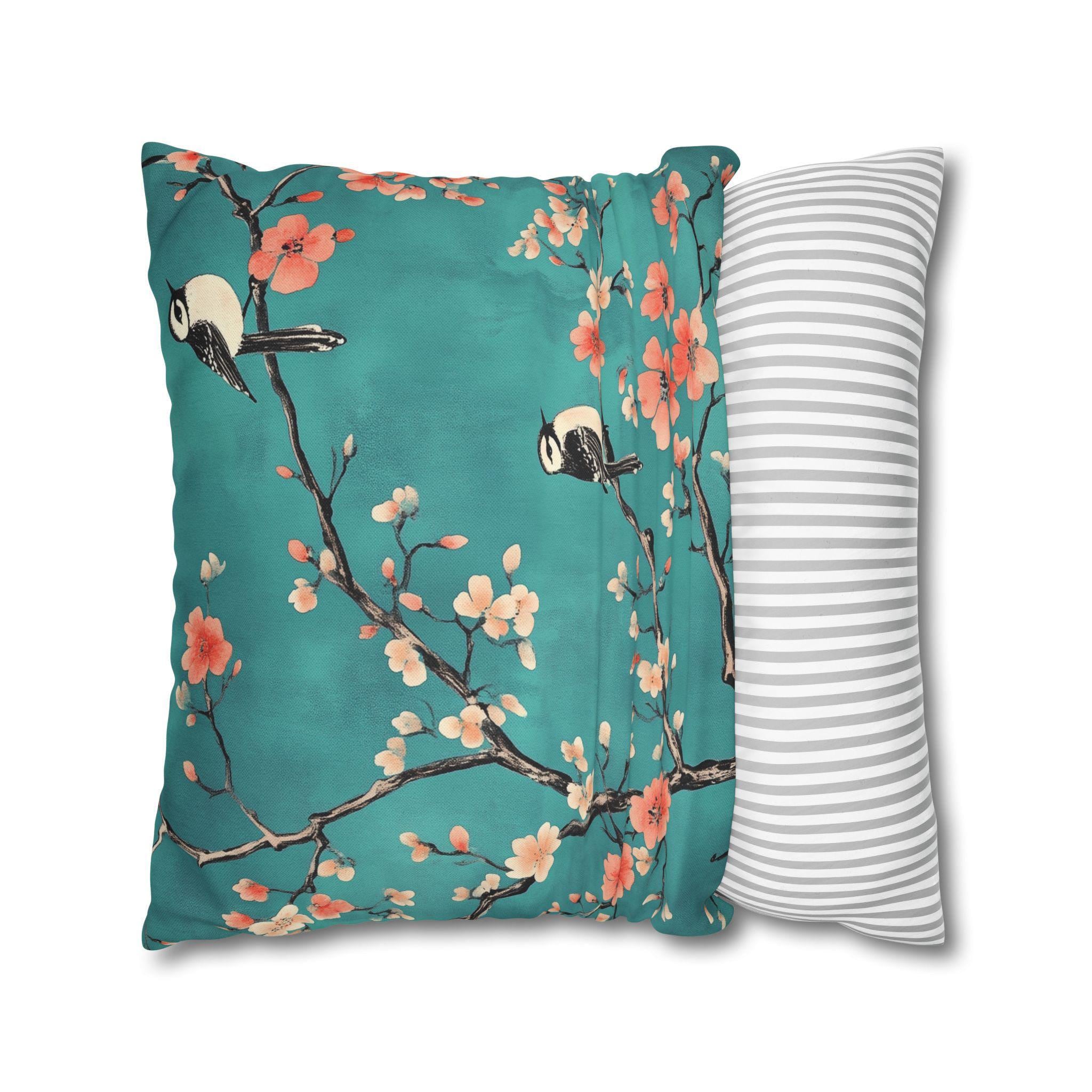Elegant Chinoiserie Teal Bird Pillow Cover with Coral Blossoms for Nature-Inspired Home Decor