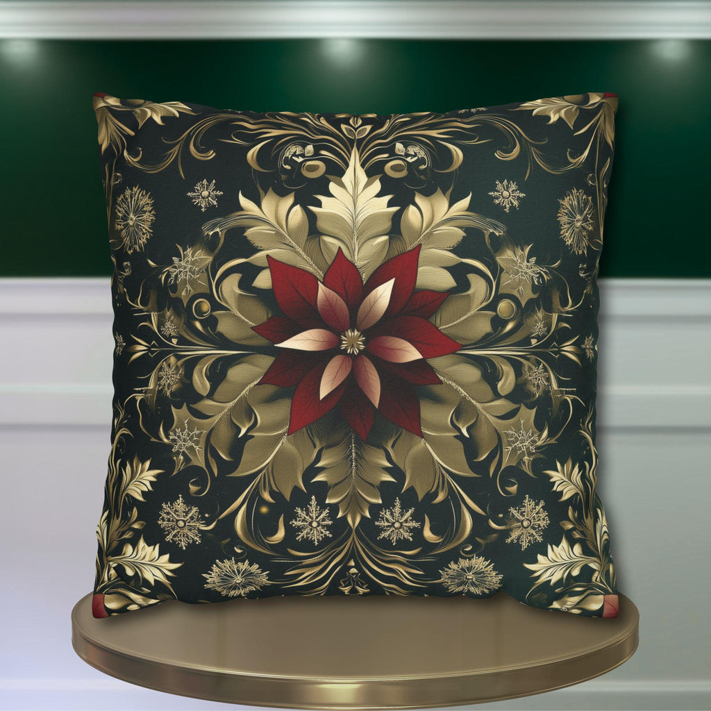 Poinsettia Pillowcase: Festive Holiday Floral, Red and Gold Winter Accent