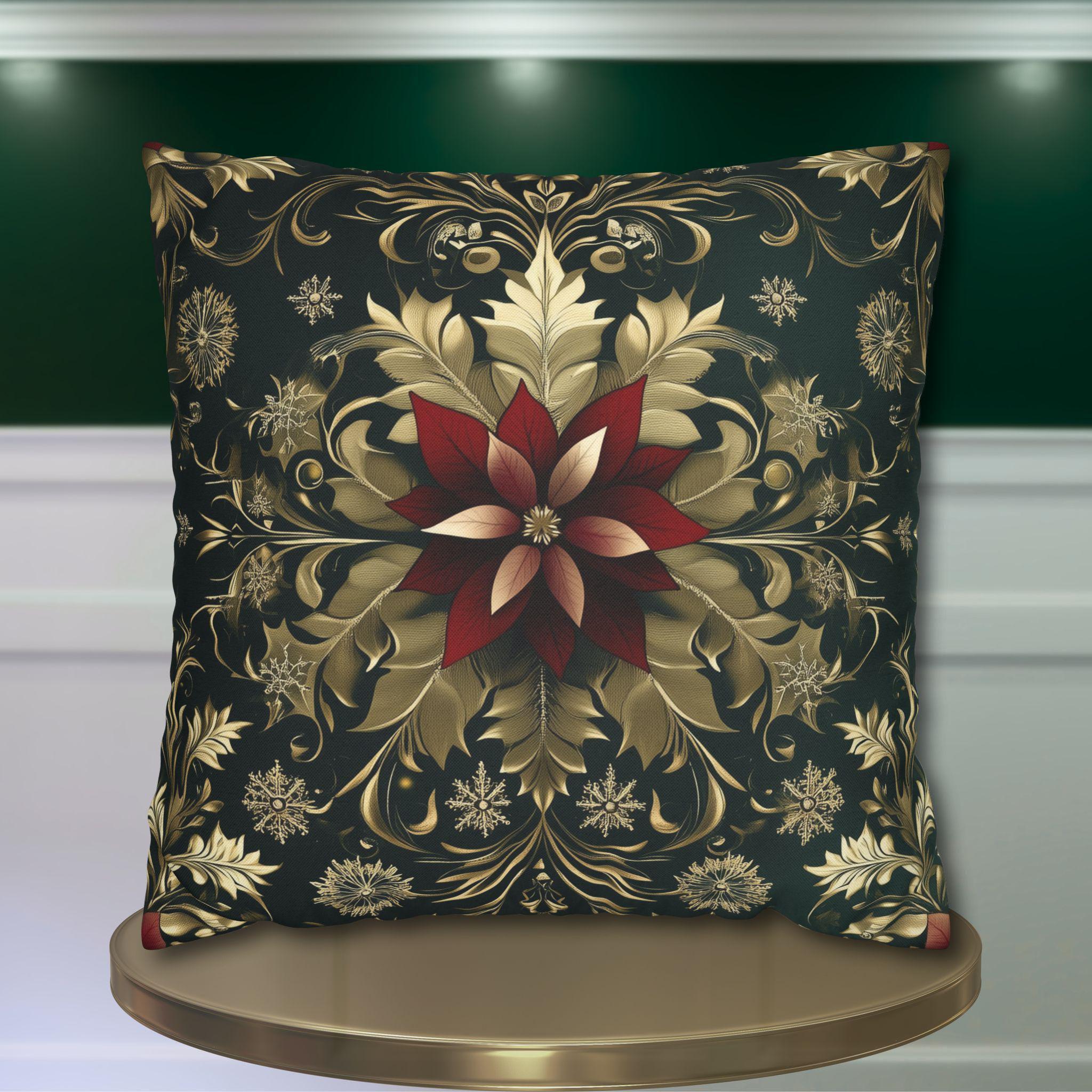 Poinsettia Pillowcase: Festive Holiday Floral, Red and Gold Winter Accent