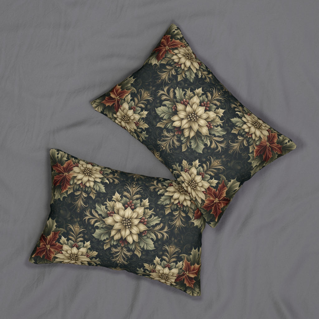 William Morris Christmas Lumbar Pillow: Ivory Poinsettia & Holly on Midnight Green