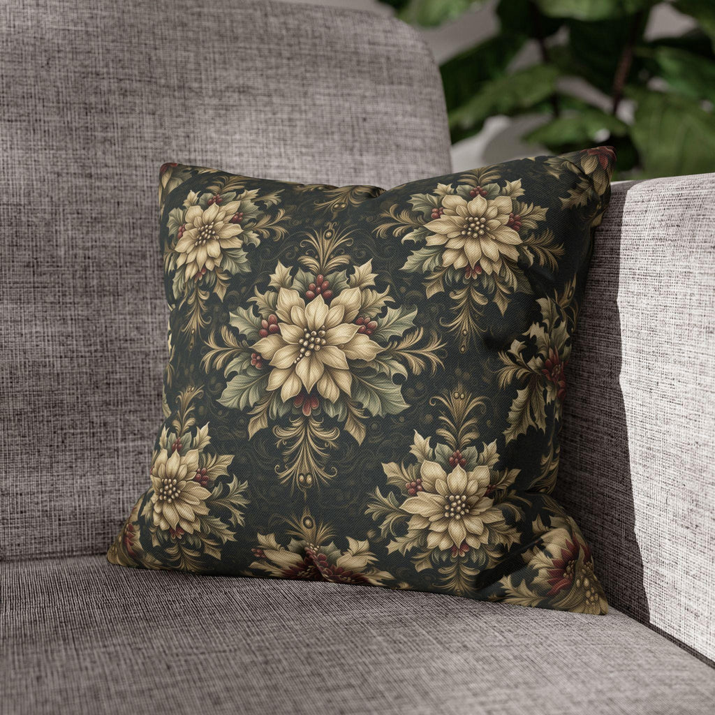 William Morris Christmas Pillow Cover: Ivory Poinsettia and Holly Repeating Pattern on Midnight Green