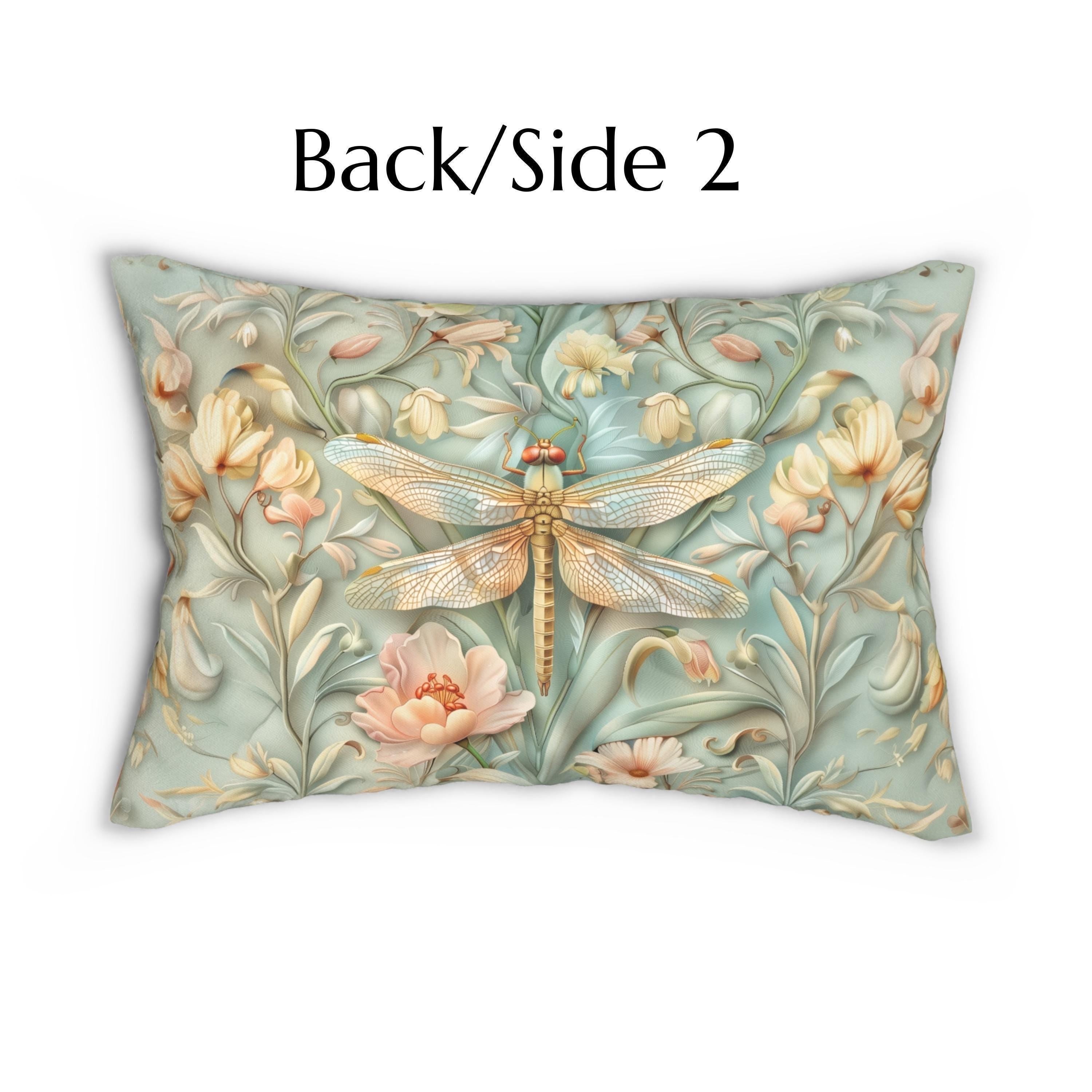 William Morris Inspired Dragonfly Lumbar Pillow: Blue, Gold & Pink Nature Design