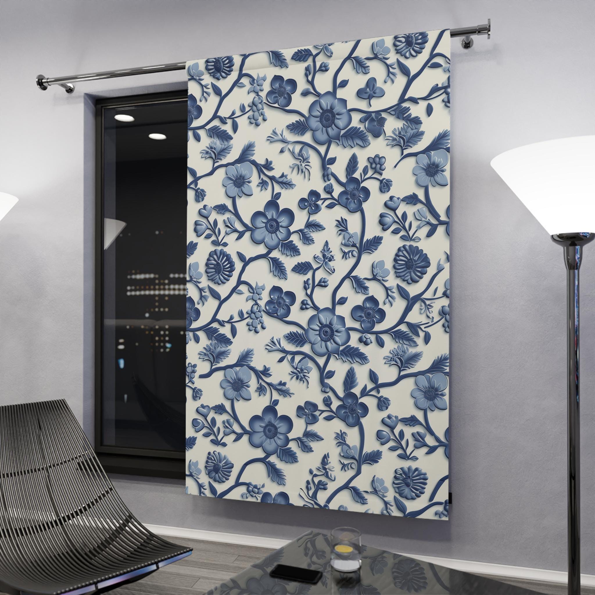 Elegant Chinoiserie Blue & White Blackout Curtain Panel - Traditional Pottery Pattern Window Drape
