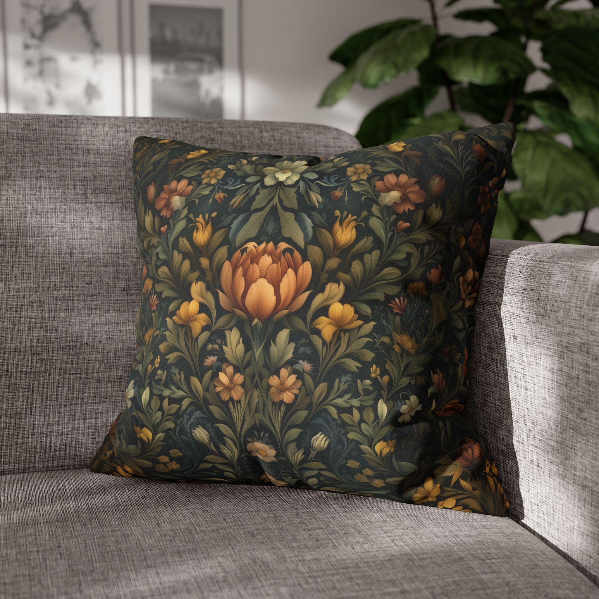 William Morris Botanical Square Pillow Cover: Golden Ochre Floral Tapestry