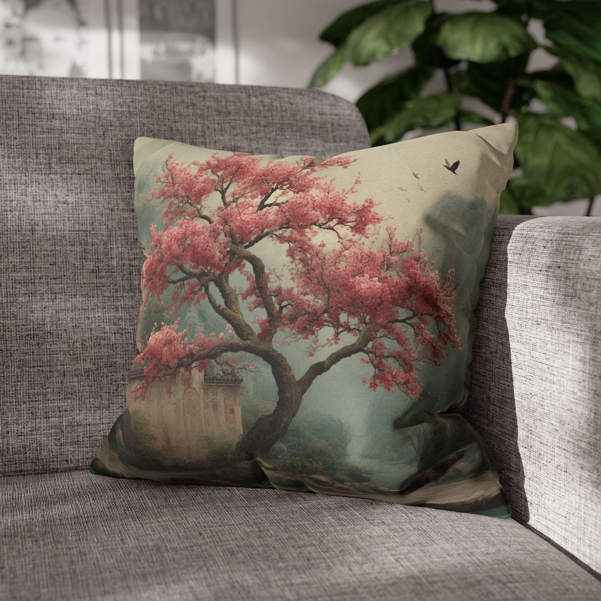 Chinoiserie Watercolor Pillow Cover: Pink Blossom Tree with Misty Temple Landscape Scene