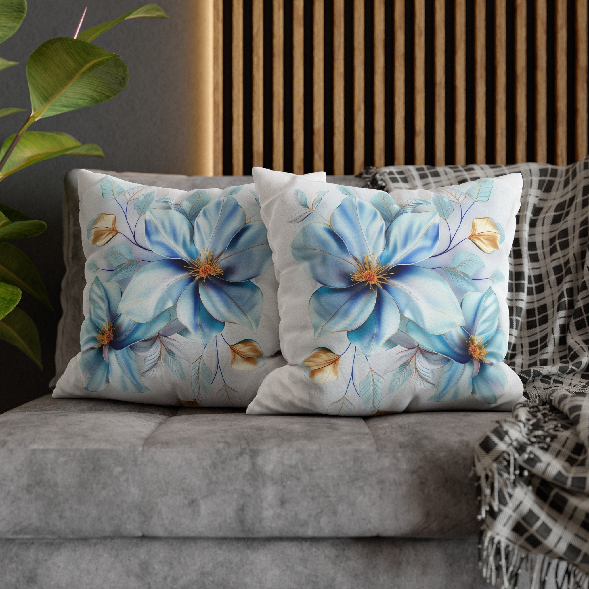 Blue Magnolia Pillow Cover with Golden Accents: Elegant Floral Cushion Case