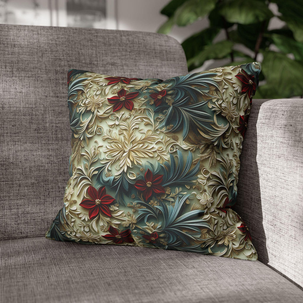Luxurious Poinsettia Floral Pillow Cover: Elegant Red, Gold & Green Holiday Home Decor Accent