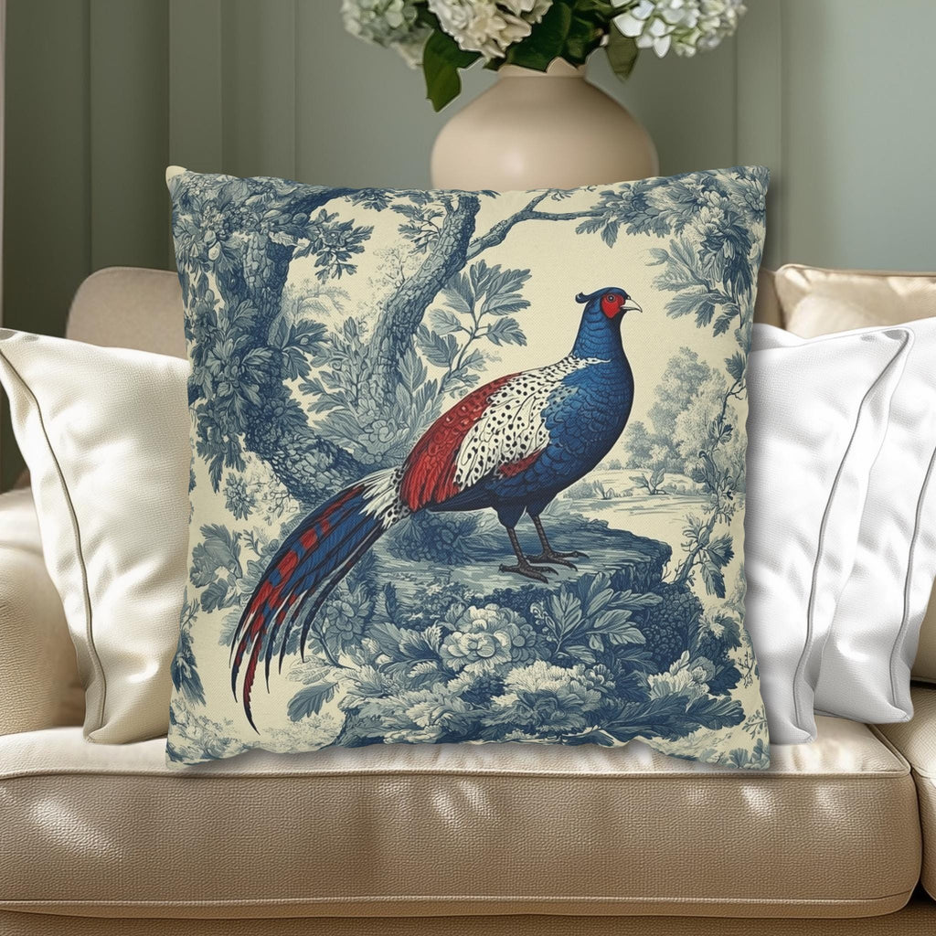 French Country Blue Pheasant Pillow Cover: Vintage Toile Bird and Botanical Design