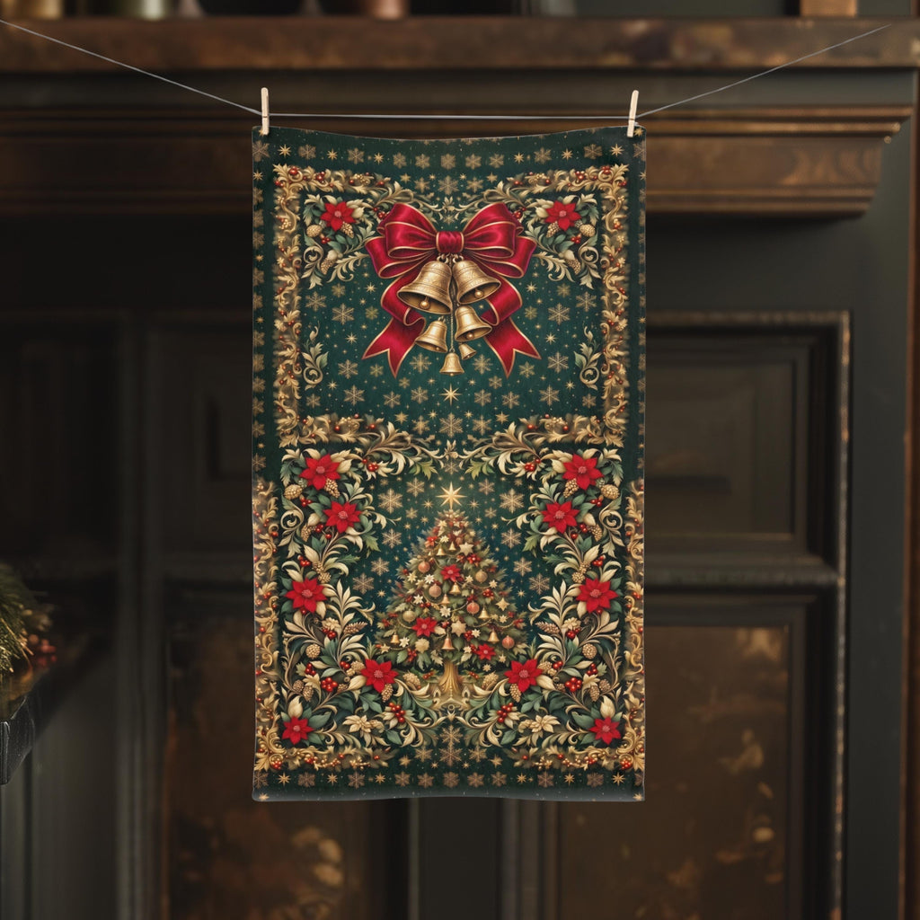 William Morris Christmas Hand Towel: Vintage Style Emerald Green Poinsettia, Golden Snowflake