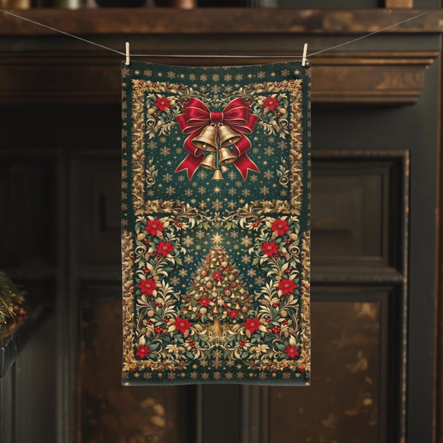 William Morris Christmas Hand Towel: Vintage Style Emerald Green Poinsettia, Golden Snowflake