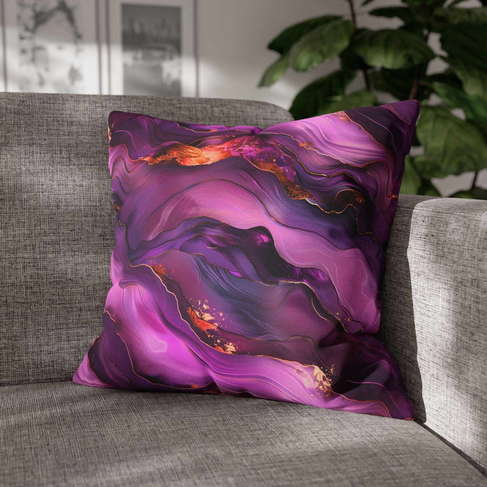 Abstract Plum Pillow Cover: Waves of Amethyst with Copper Fire Colored Accents