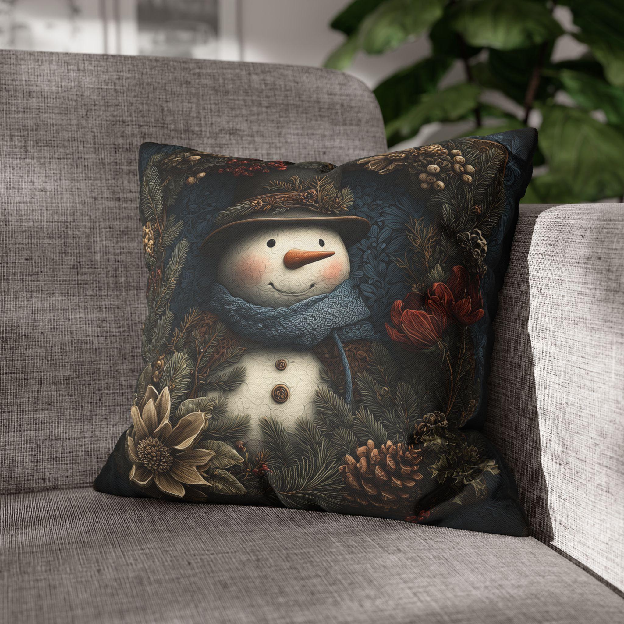 Winter Woodland Snowman Pillow Cover: William Morris Style with Pine, Florals & Vintage Charm