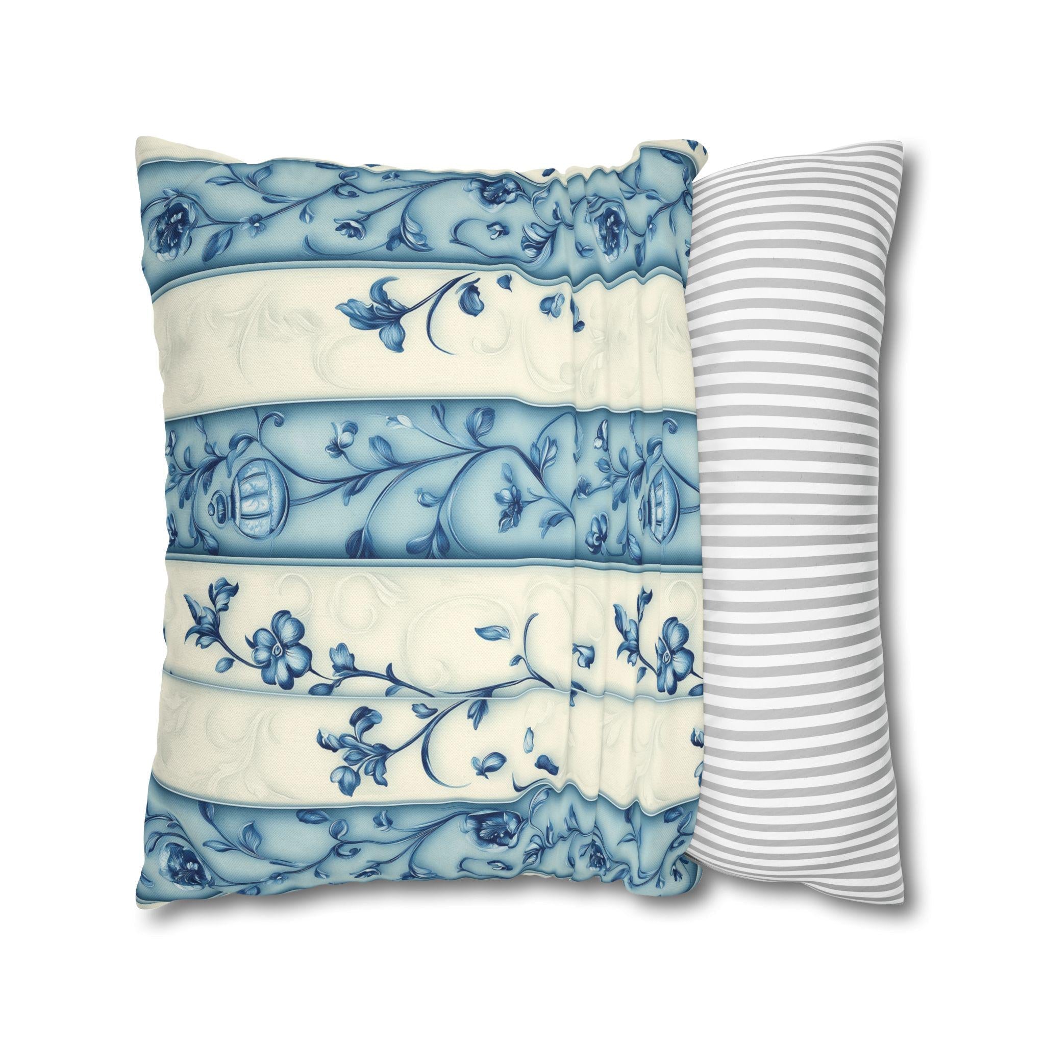 Elegant Blue & White Chinoiserie Floral Stripe Pillowcase: French-Inspired Square Cushion Cover
