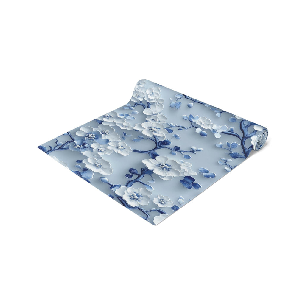 Chinoiserie Table Runner | Blue & White Cherry Blossoms | Elegant Floral Design