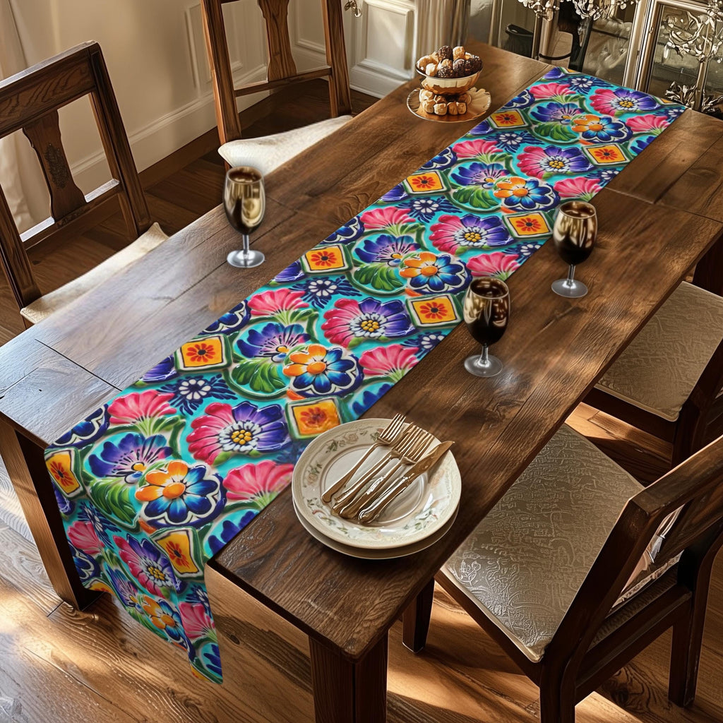 Mexican Table Runner: Botanical Folk Art on Aqua Background