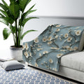 Chinoiserie Fleece Throw: Blue-Teal Gradient with Cream Cherry Blossom Design - Cozy Home Accent