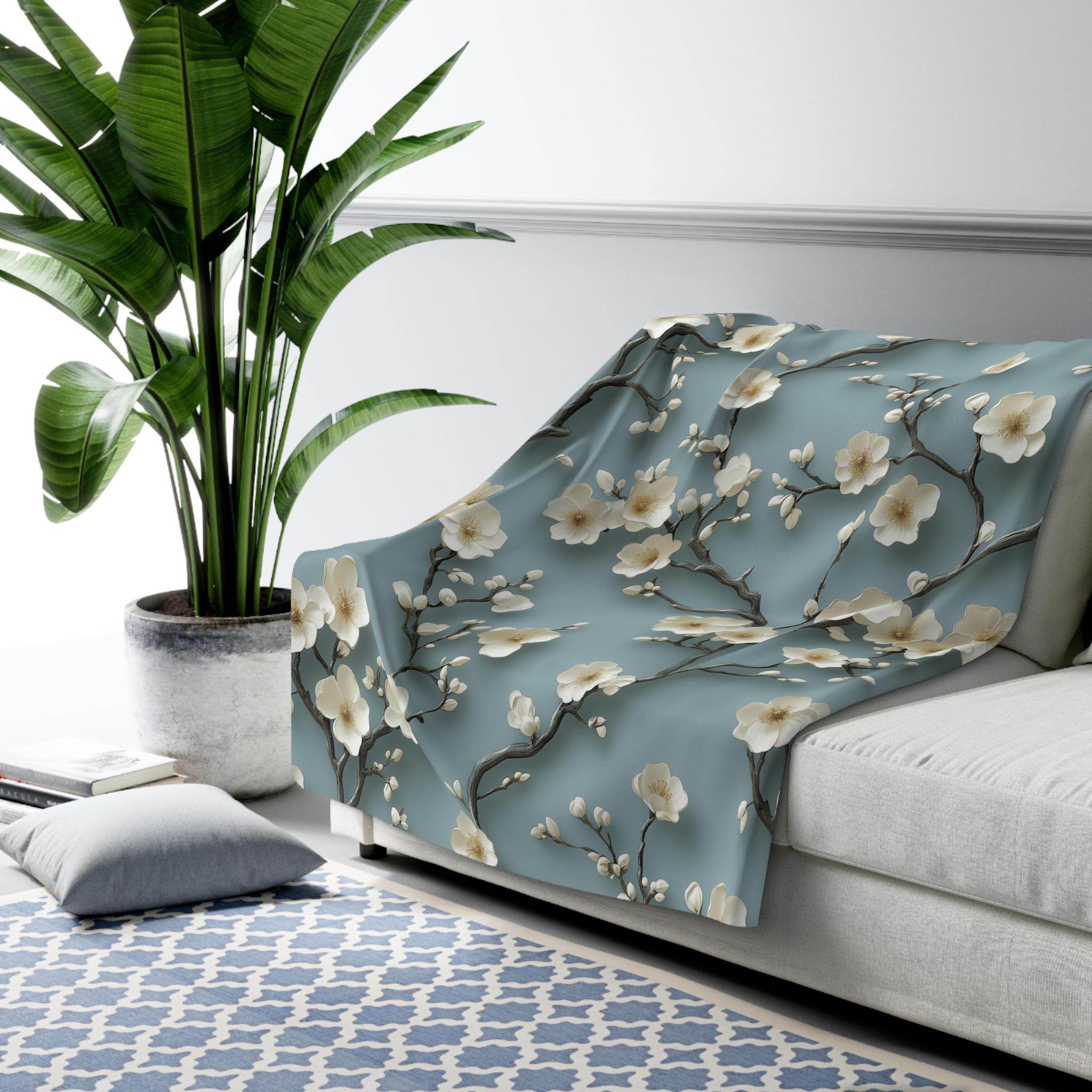 Chinoiserie Fleece Throw: Blue-Teal Gradient with Cream Cherry Blossom Design - Cozy Home Accent