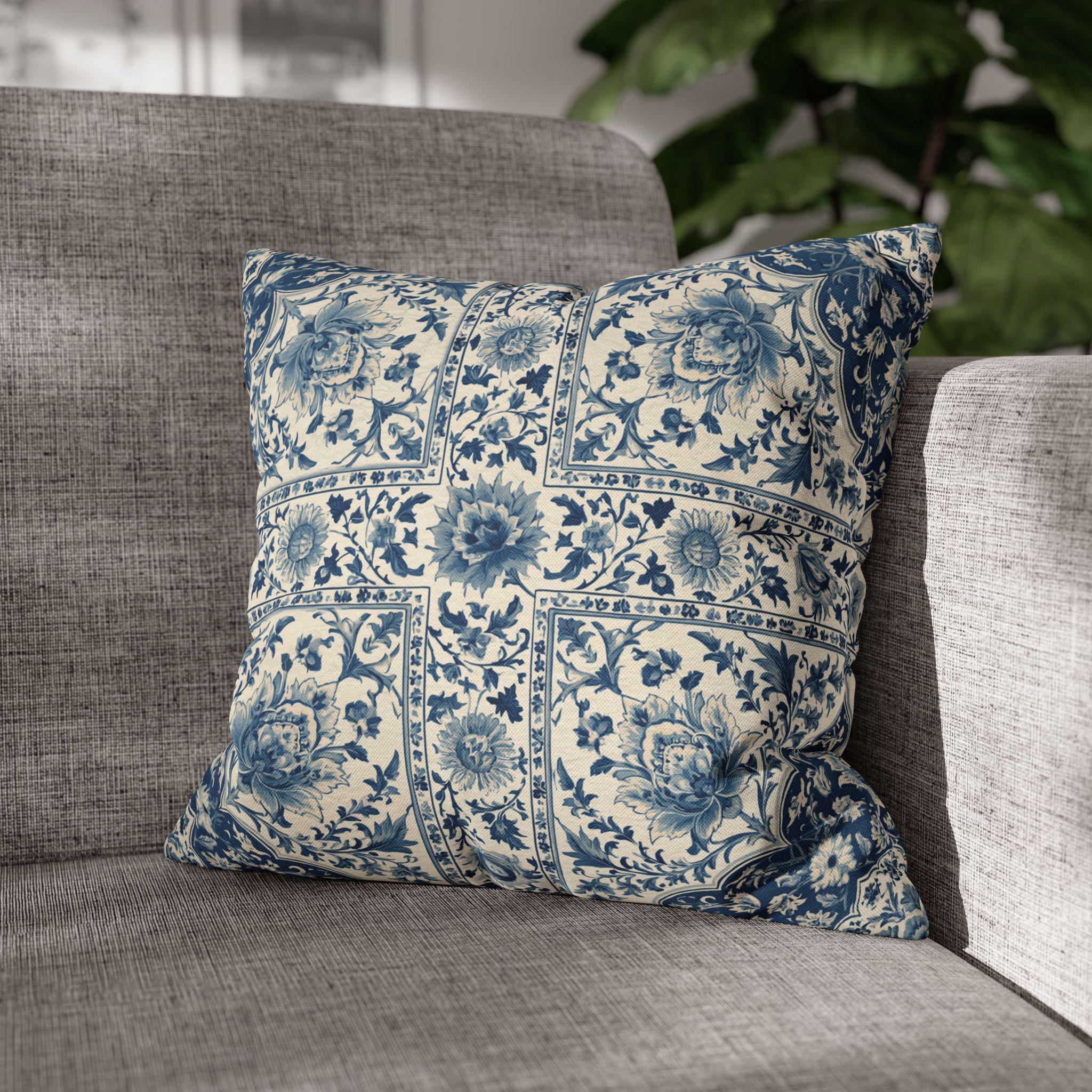 Toile Pillow Cover: Blue and Cream Botanical Farmhouse Decor