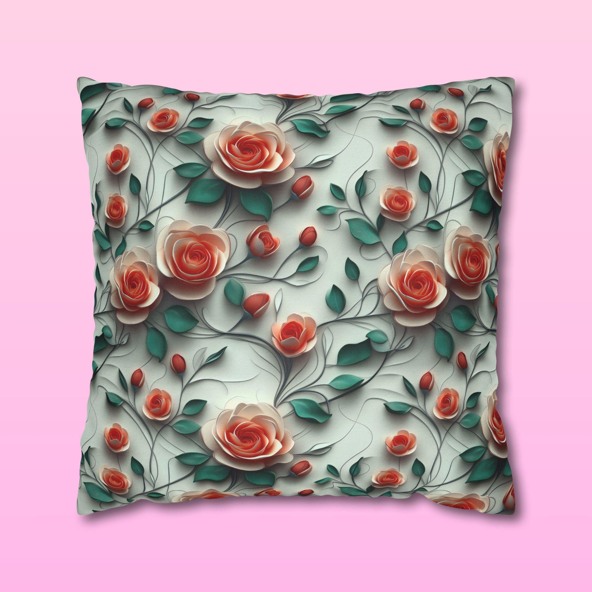 Elegant Floral Rose Square Pillowcase: Romantic Red Coral Design for Home Decor, Wedding Gift