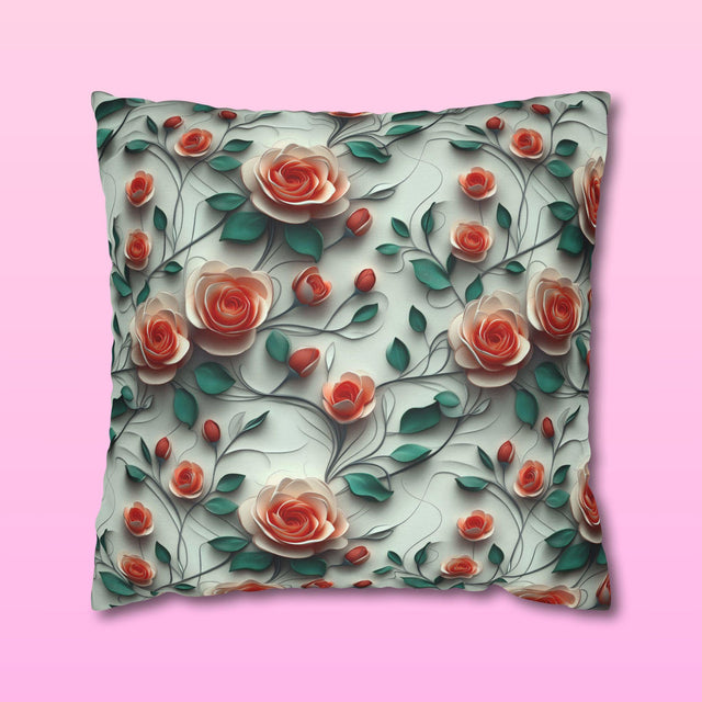 Elegant Floral Rose Square Pillowcase: Romantic Red Coral Design for Home Decor, Wedding Gift