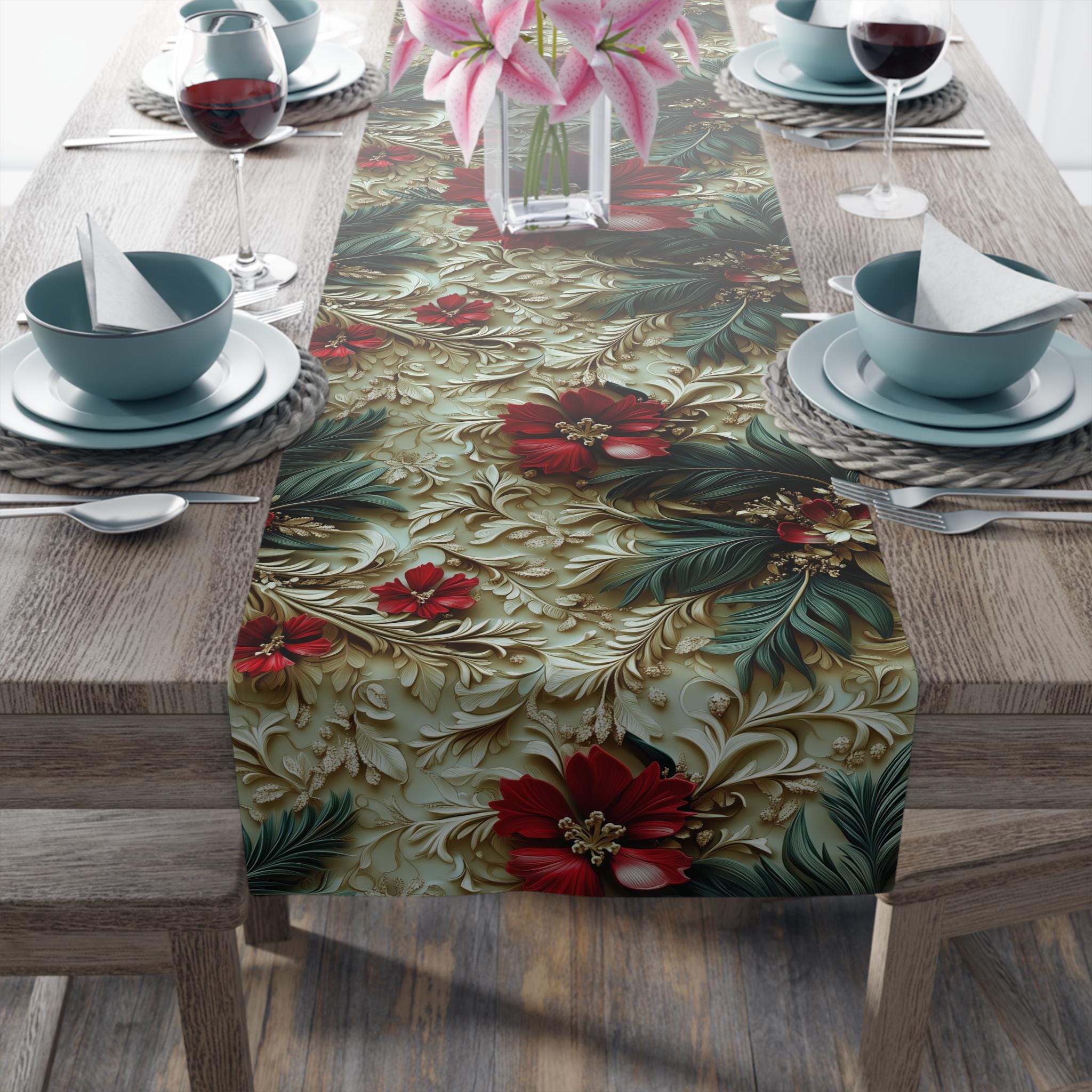 Elegant Poinsettia Table Runner: Festive Christmas Decor for Holiday Dining and Winter Entertaining