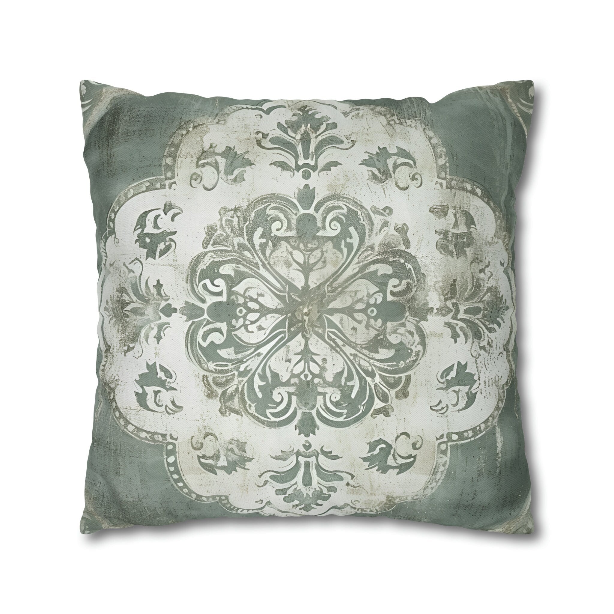 Vintage-Inspired French Farmhouse Pillow Cover: Faded White Medallion on Sage Green, Rustic Elegance