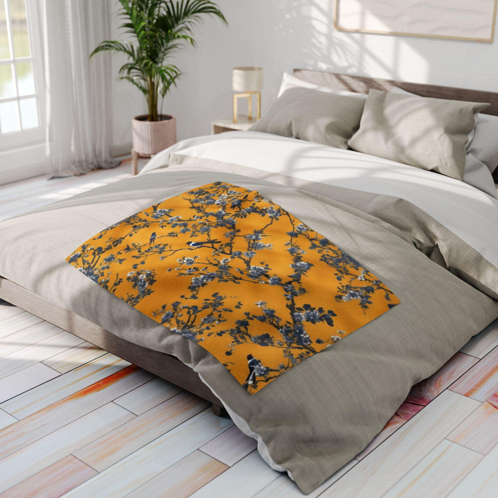 Elegant Chinoiserie Throw Blanket: Golden Yellow with Blue Blossom Branches, Asian-Inspired Home Accent