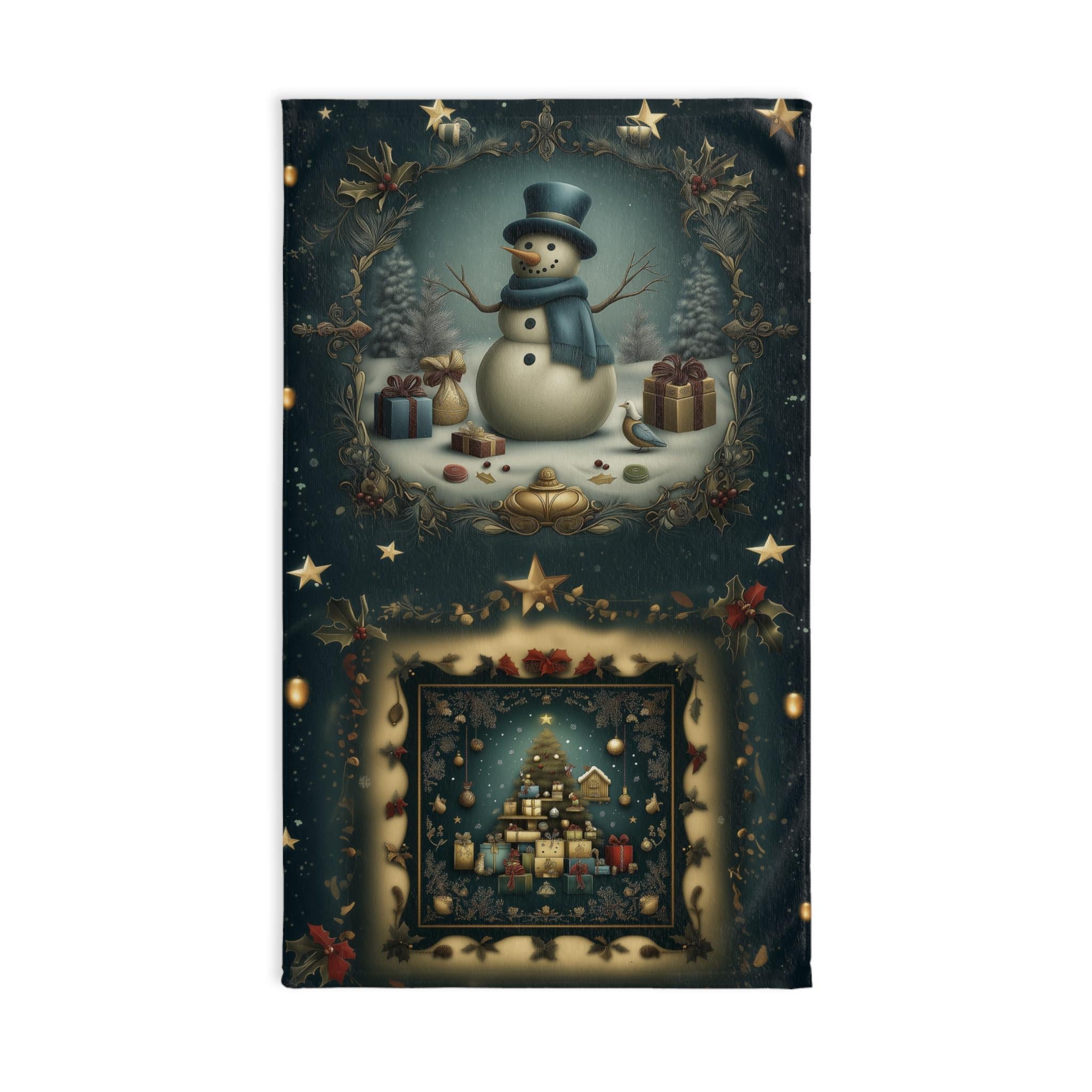 Nostalgia Christmas Tea Towel: Vintage Style Snowman & Holiday Tree Kitchen Decor