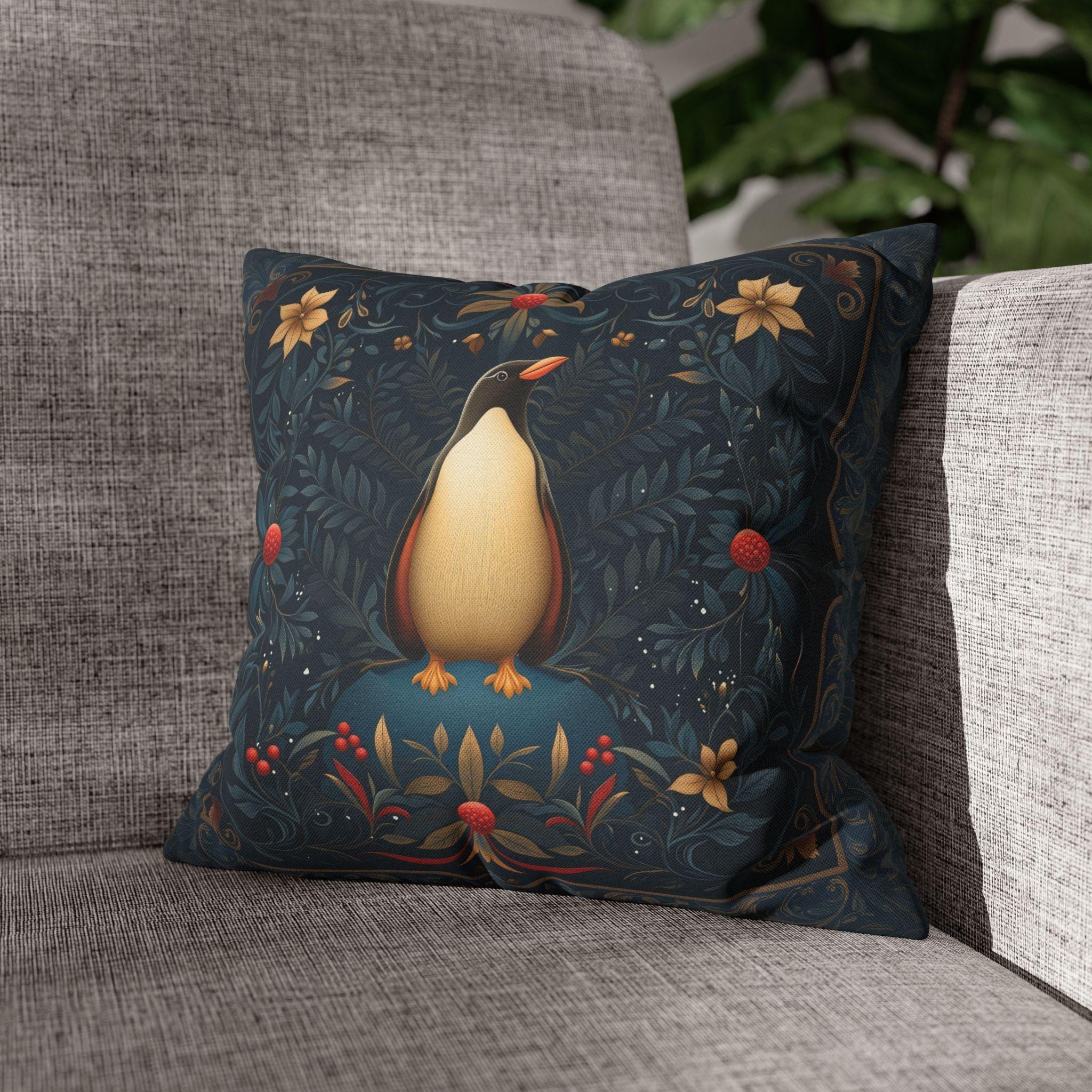 William Morris Christmas Penguin Pillow Cover:  Elegant Winter Holiday Accent