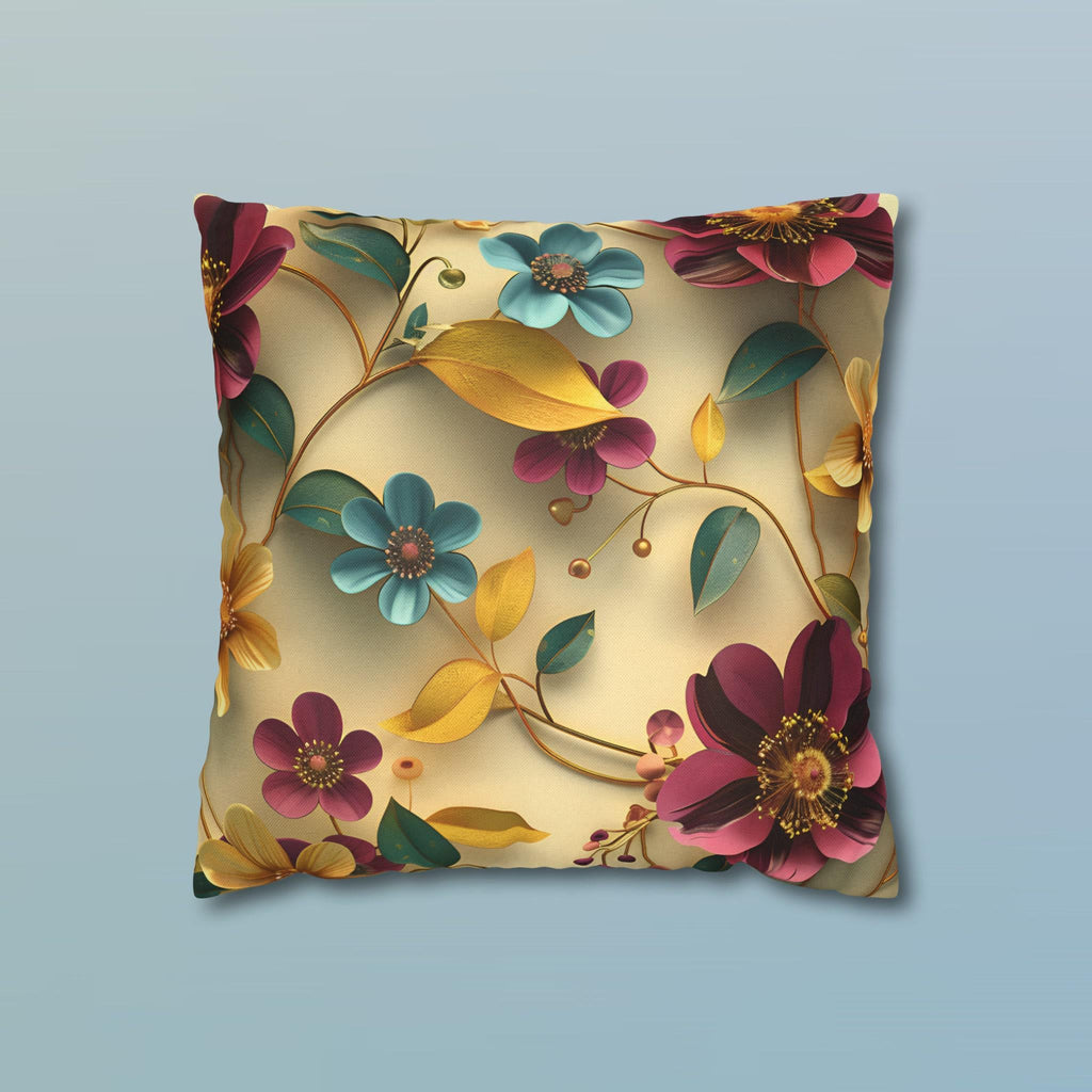 Botanical Floral Square Throw Pillow Cover: Teal, Marigold, Plum on Warm Beige Cushion Case