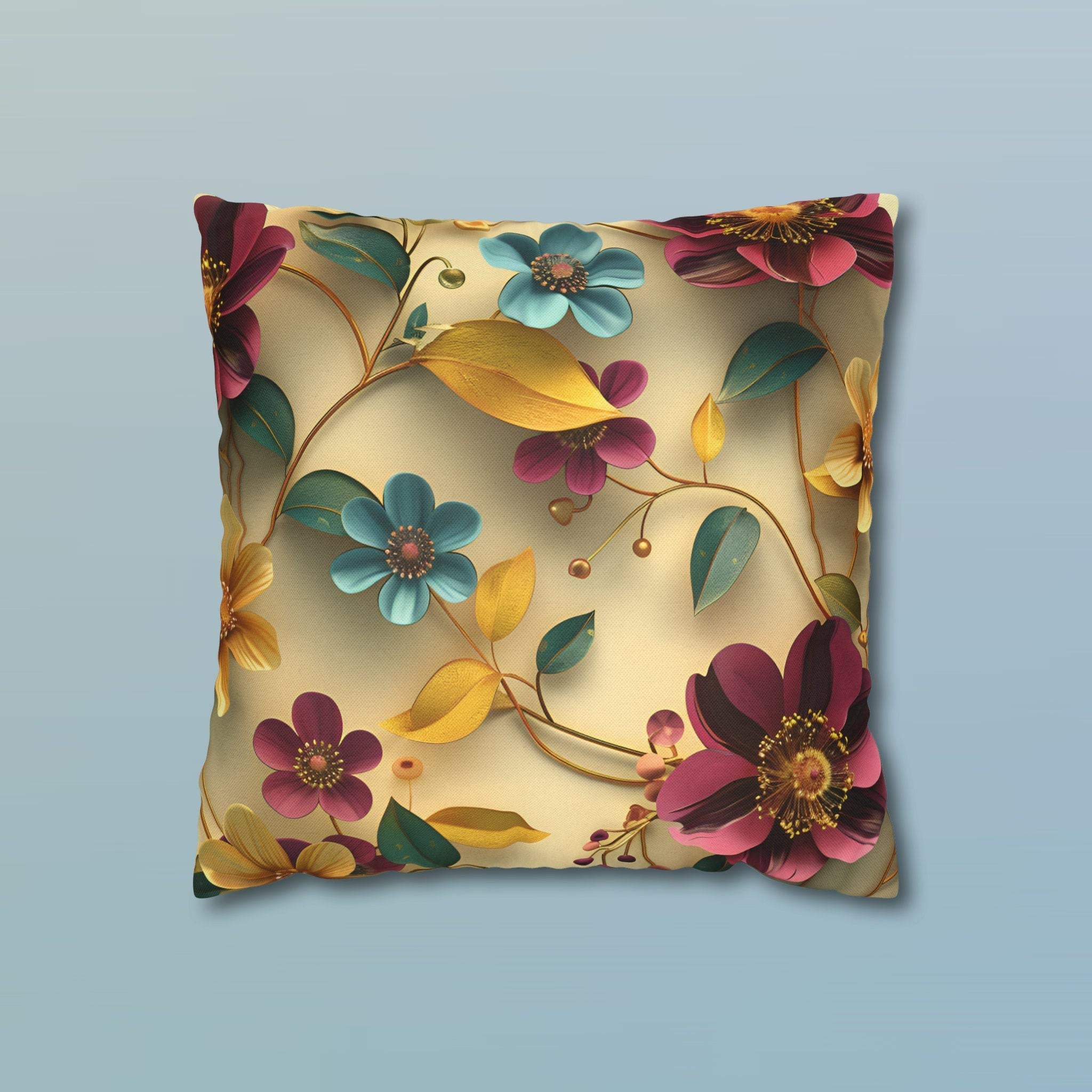 Botanical Floral Square Throw Pillow Cover: Teal, Marigold, Plum on Warm Beige Cushion Case