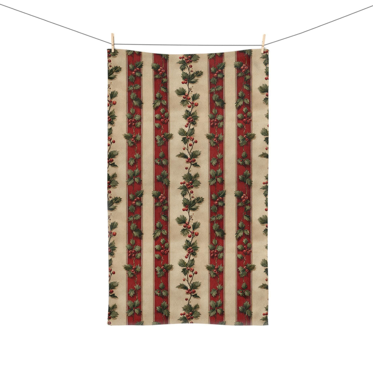 Striped Holly Christmas Hand Towel: Red Green Cream Holiday Botanical Winter Decor