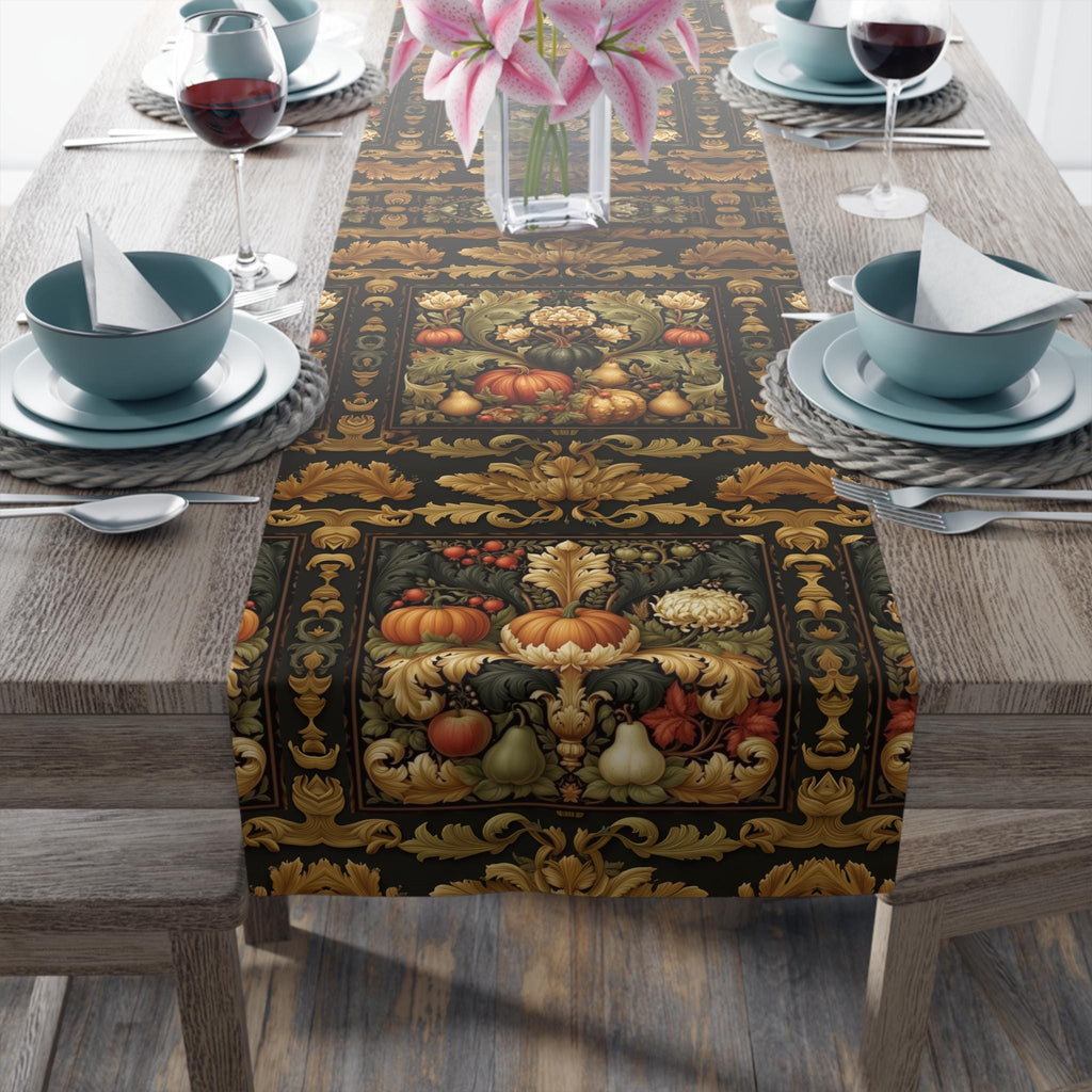 William Morris Inspired Fall Table Runner: Vintage Harvest Tapestry in Deep Brown, Gold, & Rust