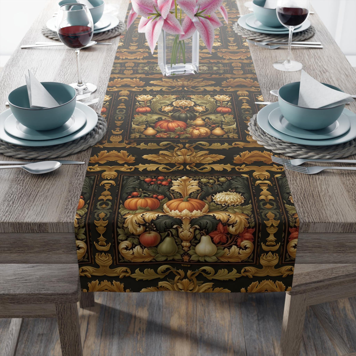 William Morris Inspired Fall Table Runner: Vintage Harvest Tapestry in Deep Brown, Gold, & Rust
