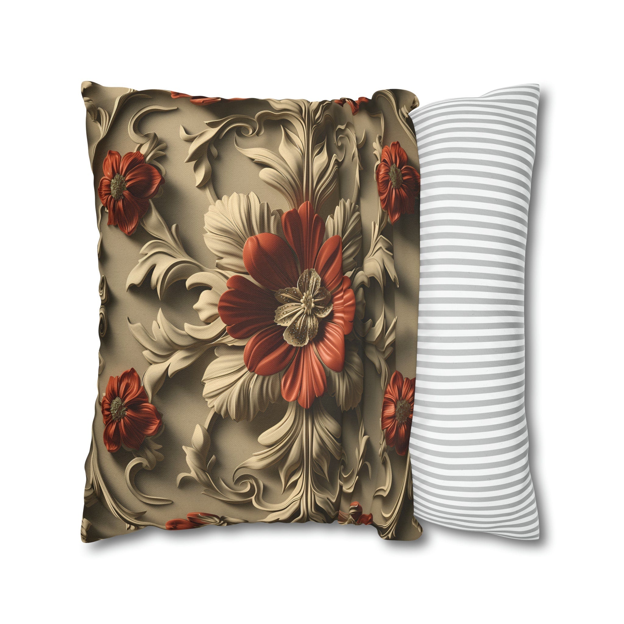 Baroque Style Pillow Cover: Red Flower, Acanthus Leaves, Embossed 3D Effect