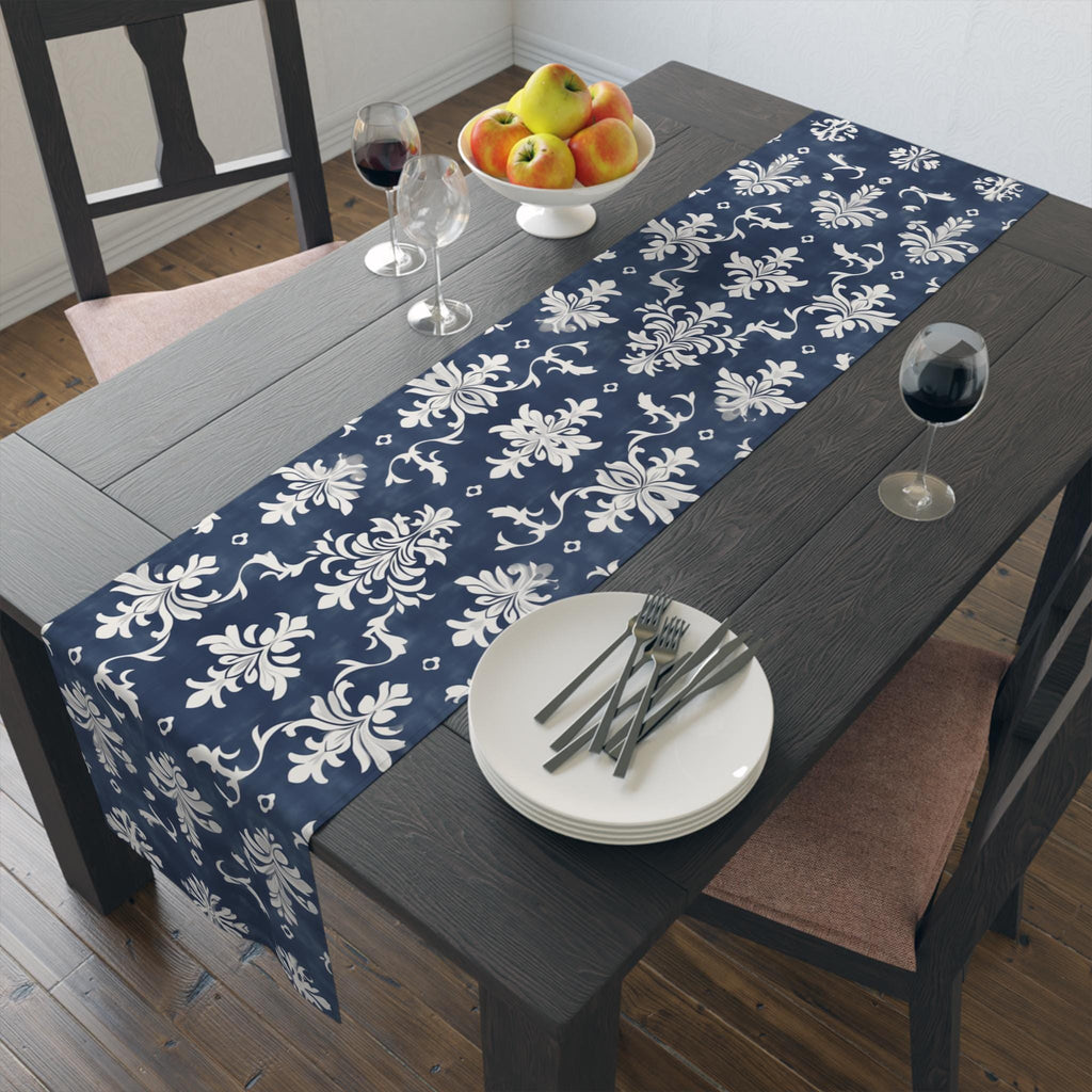 Elegant Navy Blue & White Damask Table Runner for Wedding, Dining Room, and Home Decor